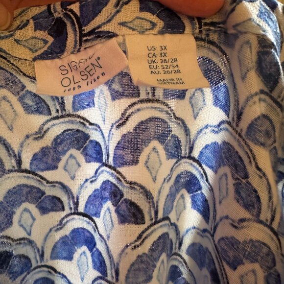 Sigred Olsen 100% Linen Blue & White Short Sleeve Button-Up Top Size 3X - Picture 7 of 12